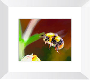 Bumble bee and flower original artwork print. Flying honey insect baby shower gift ideas. Garden wall hanging. Yellow and black keeper art