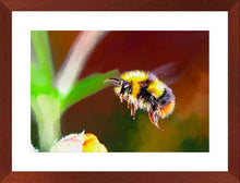 Bumble bee and flower original artwork print. Flying honey insect baby shower gift ideas. Garden wall hanging. Yellow and black keeper art