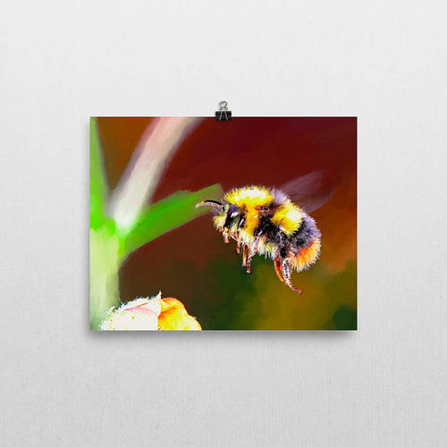 Bumble bee and flower original artwork print. Flying honey insect baby shower gift ideas. Garden wall hanging. Yellow and black keeper art
